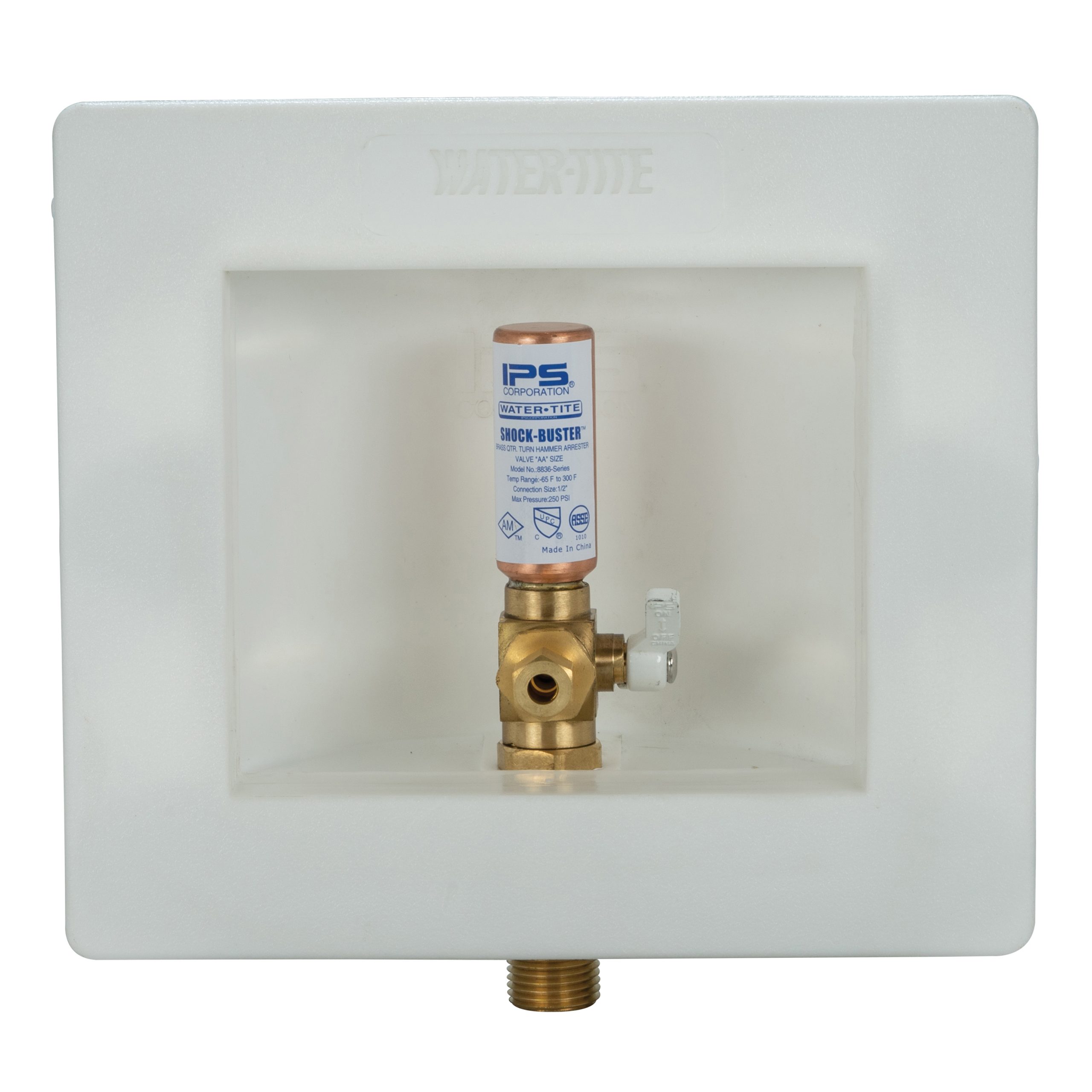 White 1/2 Wirsbo Connection IPS Corporation 1/2 Wirsbo Connection Brass Quarter-turn Valve Installed Water-Tite 88486 Round Lead-free Ice Maker Outlet Box with Hose 